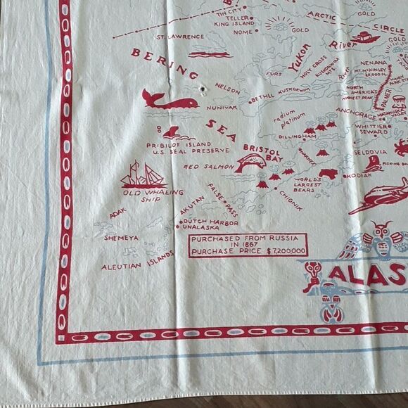 Vintage Linen ALASKA Map Souvenir Tablecloth Wall Hanging 46” X 50”. - Picture 5 of 11